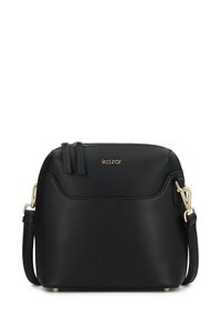 Fekete bőr keresztbody táska aranysz�ínű hardverrel, dupla cipzárral, lapos kialakítással és állítható vállpánttal. A Kazar logo az elején látható.