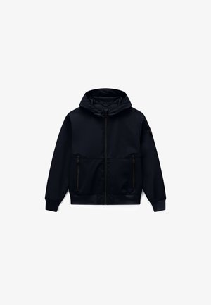 Must kapuutsiga jakk, millel ees tõmblukk ja kaks tõmblukuga küljetaskut, varustatud soonikkude ja äärega.