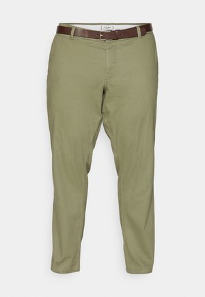 Olive green cotton blend pants with a straight fit, featuring front pockets and a brown leather belt. Smooth texture and clean design.