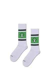 Białe skarpetki w zielono-czarne paski, z pixelowanym wzorem zielonego grzyba. Wykonane z bawełny o żebrowej teksturze.