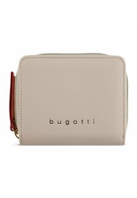 Beige textured leather wallet with a gold zipper and red accent. Front displays "bugatti" in embossed lettering. Compact rectangular shape.