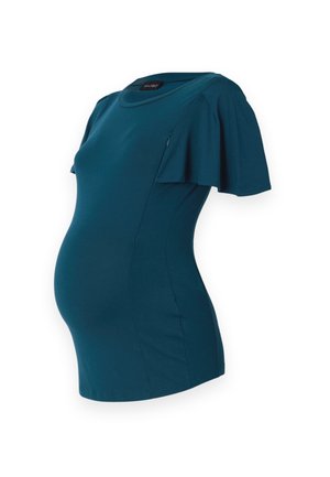 Abito premaman teal con maniche corte a volantino, corpino aderente e scollatura rotonda, realizzato in tessuto morbido e stretch.