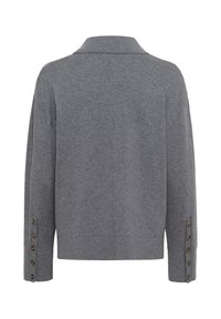 Gray long-sleeve sweater with a folded collar and five brown buttons on each cuff, shown from the back on a white background.