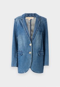 Denim sako u srednje plavoj boji s krojem koji se dobro prilagođava tijelu, reveri u obliku izreza, dva prednja džepa i zatvaranje na dva dugmeta. Blago izblijedjeli tekstur.