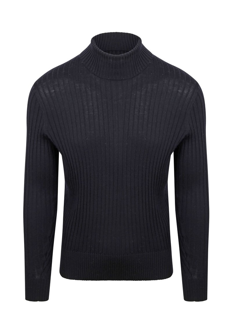 Zwarte geribbelde lange mouwen trui met een hoge col, weergegeven op een witte achtergrond.