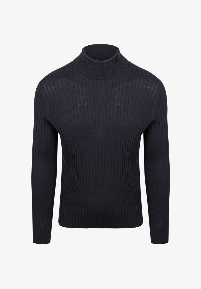 Zwarte geribbelde lange mouwen trui met een hoge col, weergegeven op een witte achtergrond.