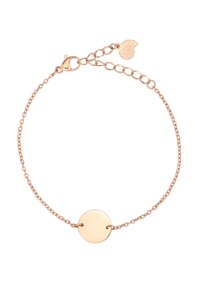 Rose gold bracelet with a delicate chain and a central round disc. Features a lobster clasp and an adjustable chain for sizing.