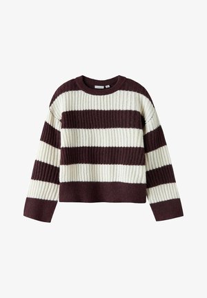 Maglione lavorato a maglia con ampie strisce orizzontali bordeaux e crema. Presenta scollo rotondo, maniche lunghe e una trama a costine. Design corto.