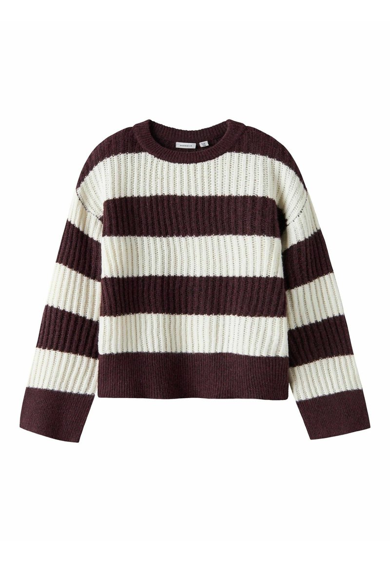 Maglione lavorato a maglia con ampie strisce orizzontali bordeaux e crema. Presenta scollo rotondo, maniche lunghe e una trama a costine. Design corto.