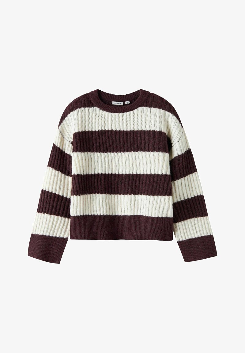 Maglione lavorato a maglia con ampie strisce orizzontali bordeaux e crema. Presenta scollo rotondo, maniche lunghe e una trama a costine. Design corto.