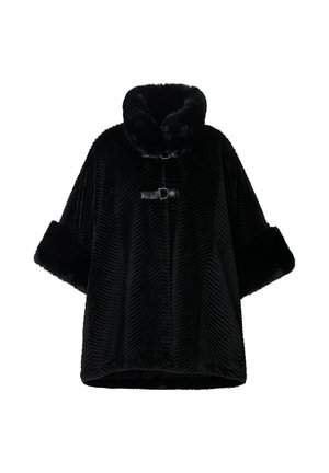 Mustaharjane turkki, jossa on korkea kaulus, teksturoitu hakkapeliittakuosi, leveät hihat ja nahkakiinnite edessä.