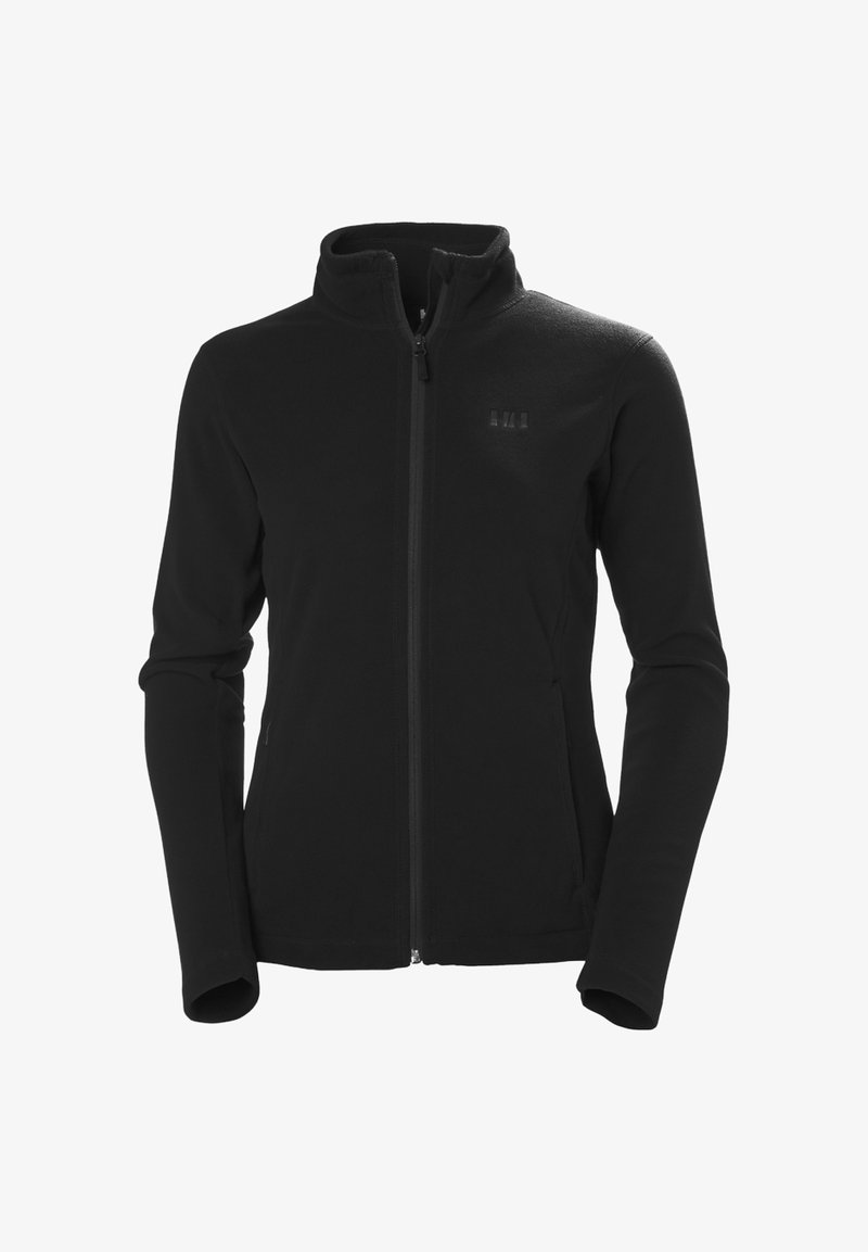 Veste polaire noire zippée intégralement, manches longues, col montant et deux poches avant.