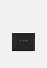 Black leather cardholder with multiple slots and embossed "bugatti" logo. Smooth texture, minimalist design, rectangular shape.