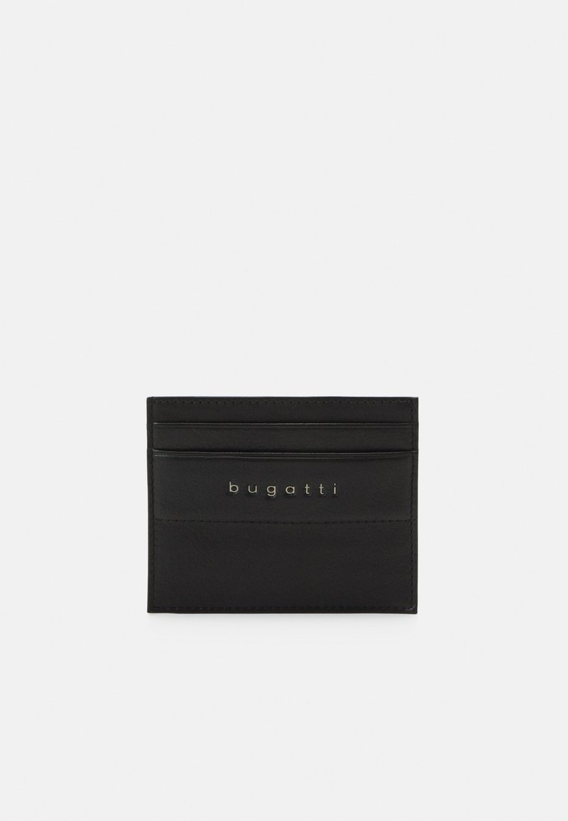 Black leather cardholder with multiple slots and embossed "bugatti" logo. Smooth texture, minimalist design, rectangular shape.