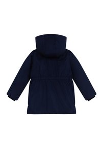 Parka blu navy con cappuccio, vita regolabile, maniche lunghe e un tessuto liscio e resistente all'acqua. Senza chiusure o tasche visibili.