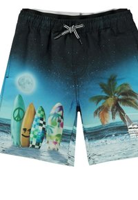 Pantaloni da mare neri con scena di spiaggia, tavole da surf vivaci, palma, luna e onde dell'oceano, dotati di cintura elastica e stringa.