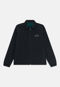 Zwarte ritsshirt met kraag, elastische manchetten, twee zijzakken en een klein rechthoekig logo-opdruk op de linkerkant van de borst.