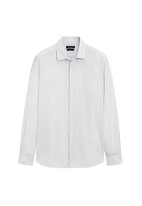 Witte lange mouwen heren dress shirt met dunne verticale grijze strepen, knoopsluiting aan de voorkant en een gespreide kraag.