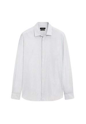 White long-sleeve men's dress shirt with thin vertical gray stripes, button-down front, and spread collar.