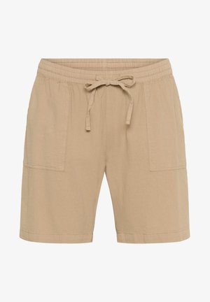 Beige shorts made of lightweight fabric, featuring an elastic waistband, a drawstring, and two side pockets. Smooth texture and simple design.