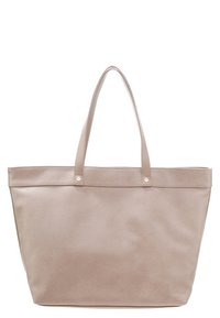 Borsa tote in finta pelle beige con due manici lunghi, forma rettangolare, superficie liscia e cuciture visibili lungo i bordi.