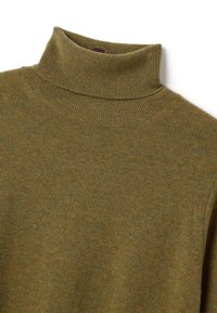 Maglione a collo alto verde oliva in un morbido tessuto lavorato a maglia, con scollatura a costine e una finitura liscia, leggermente testurizzata.