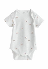 Kortærmet hvid baby bodystocking med et mønster af små regnbuer og prikkede accenter. Blødt bomuldsstof med trykknaplukning i bunden.
