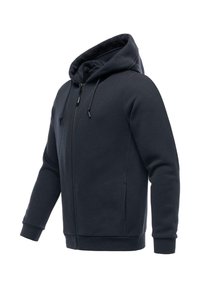 Mørkeblå zip-up hættetrøje med høj krave, justerbar snørehætte og manchetter. Blødt materiale med sidelommer.