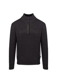 Pullover zip-up grigio scuro con una trama a coste, colletto alto e maniche lunghe. Presenta una zip di un quarto di lunghezza sul collo.