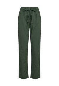 Green, lightweight fabric pants with an elastic waistband and drawstring. Features a relaxed fit and straight leg design.