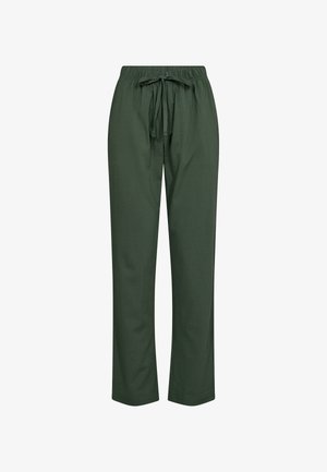 Green, lightweight fabric pants with an elastic waistband and drawstring. Features a relaxed fit and straight leg design.