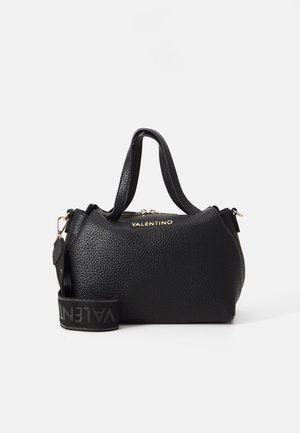 Black leather handbag with a textured surface, dual top handles, gold hardware, and a detachable strap featuring the brand name.