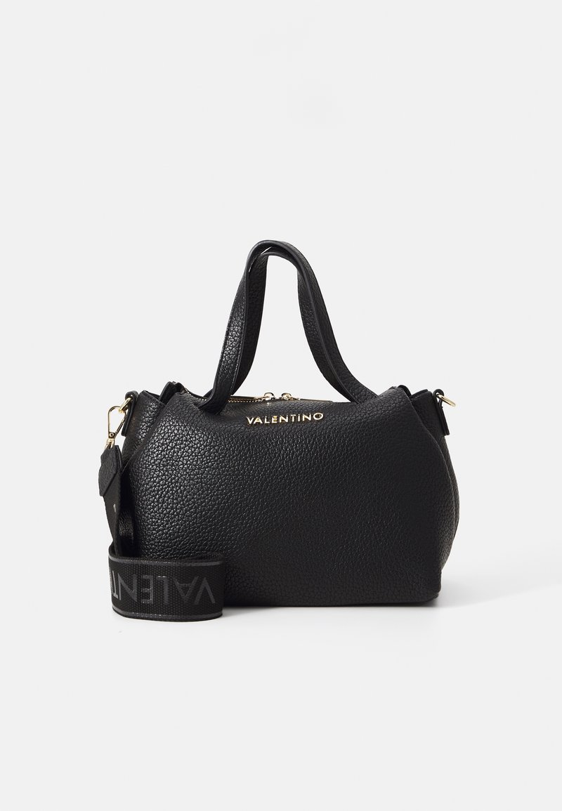 Black leather handbag with a textured surface, dual top handles, gold hardware, and a detachable strap featuring the brand name.