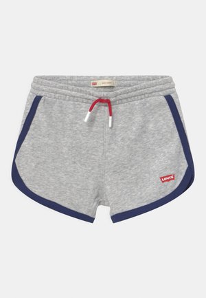 Grå strikkede shorts med mørkeblå kant og rød snor, med en lille rød Levi's-logo på venstre nederste side.