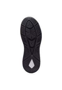 Schuhsohle aus schwarzem Gummi mit strukturierten Griffmustern, ausgestattet mit einem weißen Akzent und einem geometrischen Design für Traktion und Stabilität.