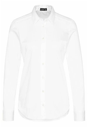 Weißes Langarmhemd mit spitzem Kragen, Knopfleiste und glatter Textur. Besitzt einen abgerundeten Saum und dezente Steppdetails.