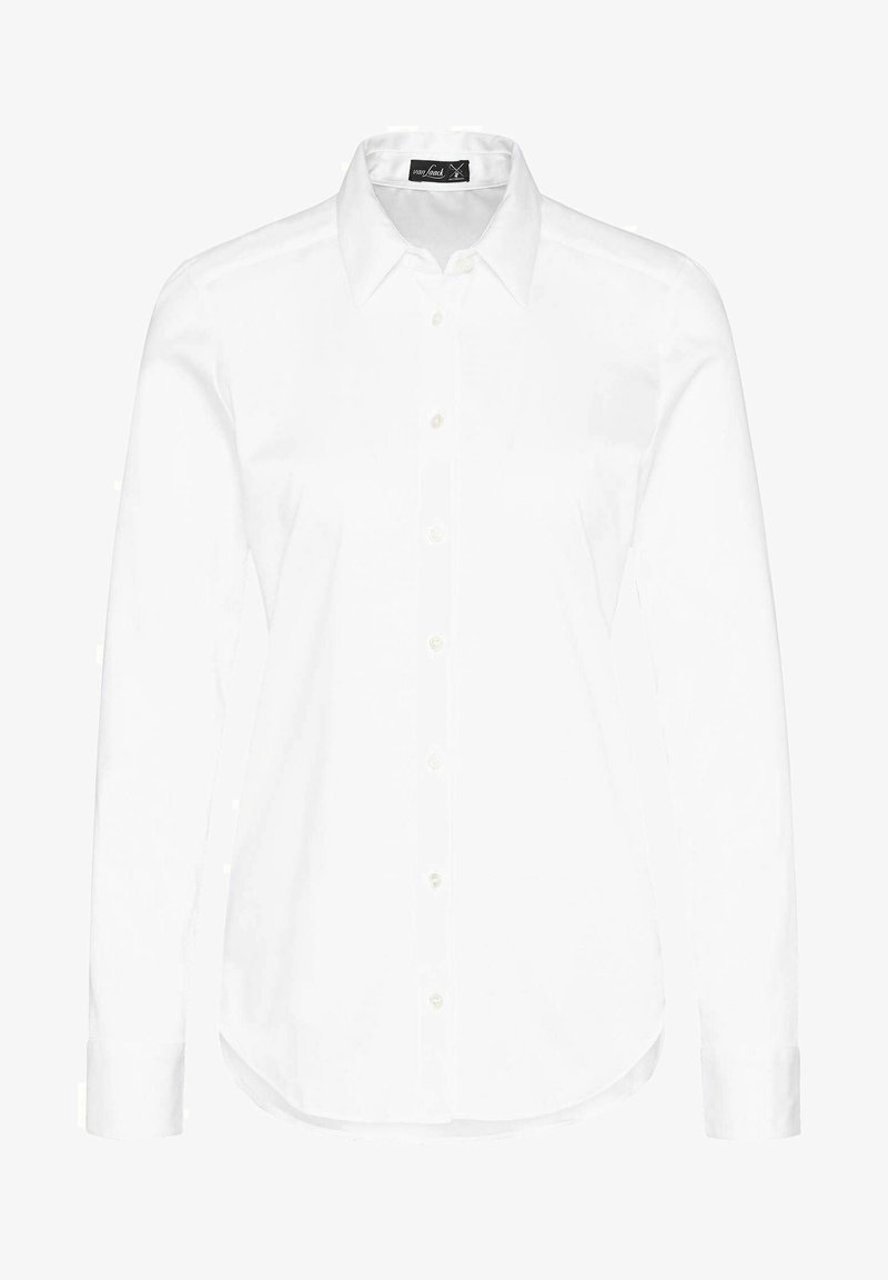 White long-sleeve shirt with a pointed collar, button-front placket, and smooth texture. Features a curved hem and subtle stitching details.