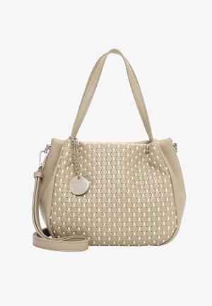Beige leather handbag with perforated pattern, double handles, detachable shoulder strap, and round silver brand charm on chain.