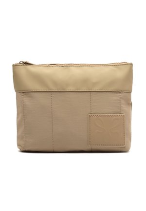 Beige rectangular pouch with zipper top, smooth and textured fabric panels, and embossed square logo on lower right corner.