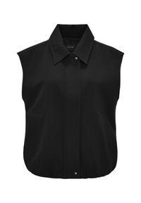 Czarny bezrękawnik z spiczastym kołnierzykiem, zapięciem na guziki z przodu oraz dwiema bocznymi kieszeniami. Wykonany z gładkiego, lekkiego materiału.