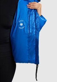 Modra izolirana jakna s gladko, sijočo teksturo. Ima logotip, žepke z zadrgo in nastavljiv vrvico za zategovanje.