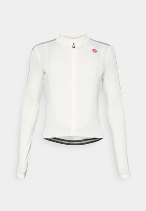 Weißes langärmeliges Radtrikot mit durchgehendem Reißverschluss, hohem Kragen, grauen Schulterpaneelen und einem kleinen roten Logo auf der Brust.
