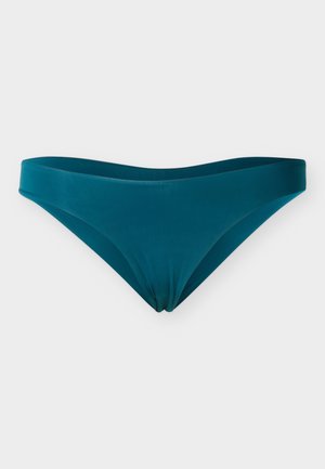 Culotte de bikini bleu sarcelle en tissu lisse, avec une coupe taille basse et un design minimaliste aux bords larges.