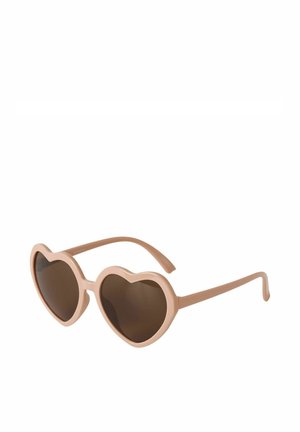 Heart-shaped beige sunglasses with dark brown lenses and slim, curved arms on a white background.