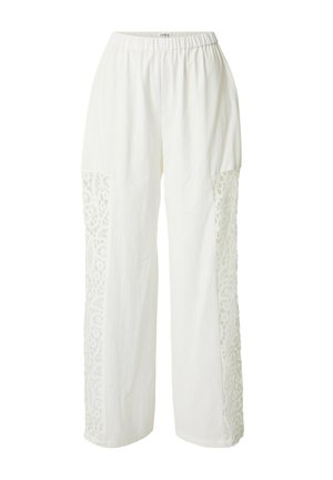 White loose-fit pants with elastic waistband and lace panels running down the outer sides of the legs.