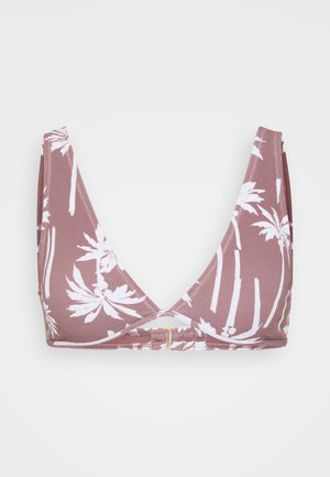 Trīsstūra formātais bikini tops putekļrozā krāsā ar baltu palmu lapu rakstu, regulējamām siksnām un zelta detaļu accentu centrā. Mīksts, stiepjas audums.