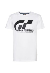 Camiseta de algodón blanca con un gran logo negro "GT" y el texto "GRAN TURISMO® EL VERDADERO SIMULADOR DE CONDUCCIÓN". Diseño clásico de cuello redondo.