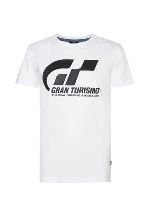 Witte katoenen t-shirt met een groot zwart "GT" logo en de tekst "GRAN TURISMO® THE REAL DRIVING SIMULATOR". Klassiek ontwerp met ronde hals.
