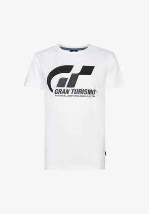 Camiseta de algodón blanca con un gran logo negro "GT" y el texto "GRAN TURISMO® EL VERDADERO SIMULADOR DE CONDUCCIÓN". Diseño clásico de cuello redondo.