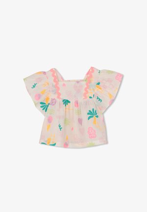 Blusa blanca para niña pequeña con mangas anchas y con volantes, ribete rosa y patrones abstractos coloridos que incluyen corazones y palmeras.